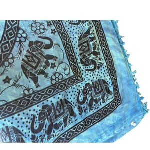 Goa Sarong Wrap OS Blue Tie Dye Cotton Elephant Print 70" by 80"  Fringe Tassel